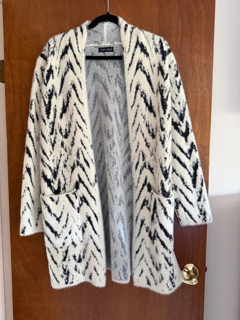 Love Token Black and White Open-Front Knit Cardigan
